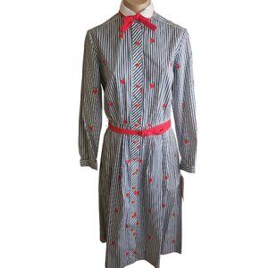 Vintage Lanz 1970s Belted Shirt Dress Teacher Apple Stripes Print Size 11/12